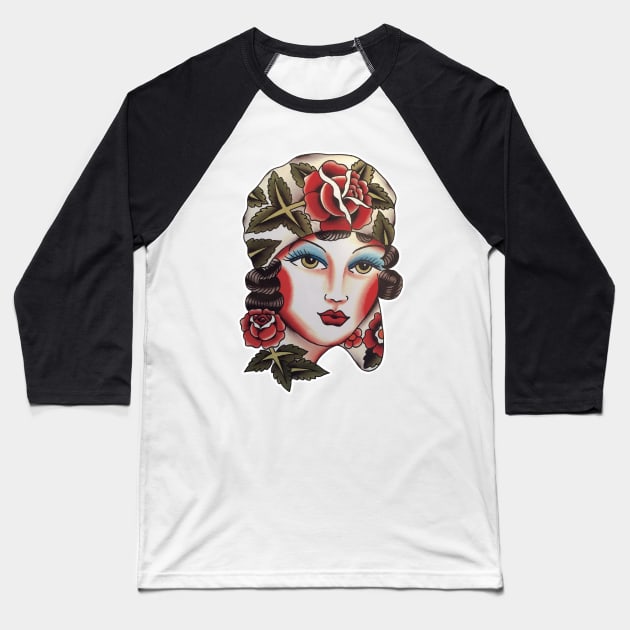 Lady Rosie Tattoo Design Baseball T-Shirt by forevertruetattoo